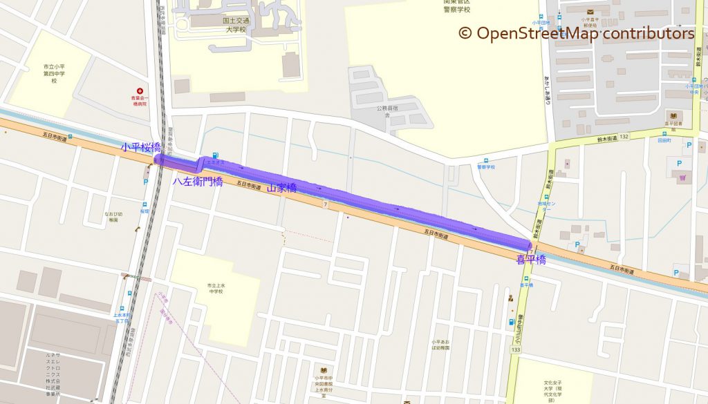地図：喜平橋から小平桜橋までのマップ